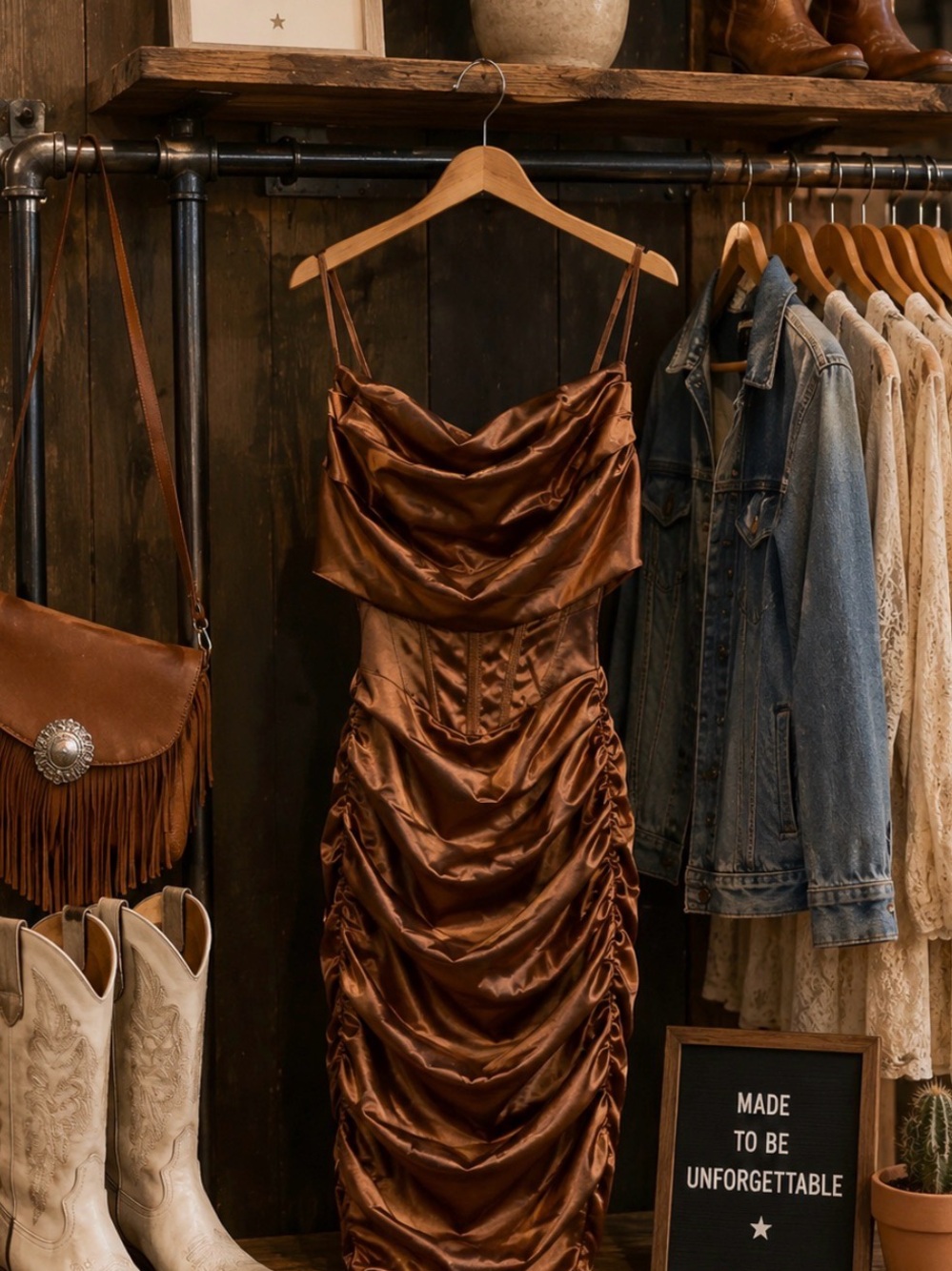 Hera Collection Bronze Satin Cowl Ruched Midi Dress